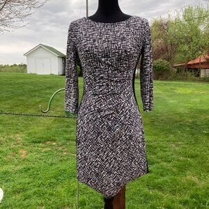 -Lauren Ralph Lauren 3/4 Sleeve Ruched Black/White Midi Dress Women’s Size 6